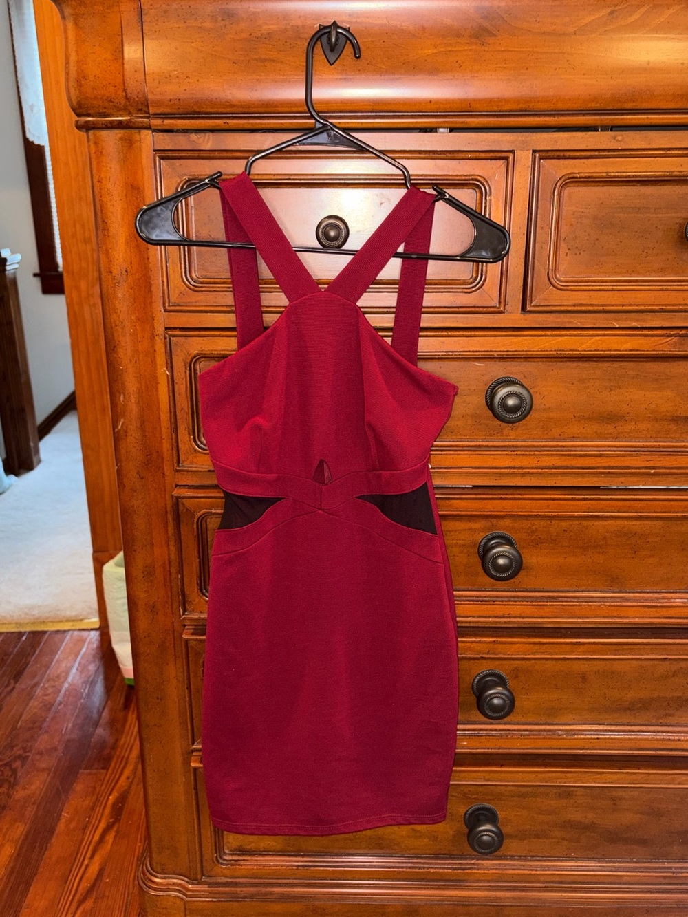Charlotte Russe Burgundy Black Mesh Cutout Bodycon Mini Dress Size S